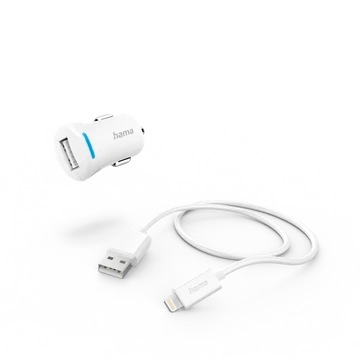 HAMA 201610, FIC E3 AUTÓS TÖLTŐ SZETT (2,4A) LIGHTNING - USB ADATKÁBELLEL, FEHÉR