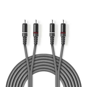 Nedis COTH24200GY50 sztereo audio kábel, 2x RCA dugó,  2x RCA dugó, Nikkelezett,  5 m, rugalmas