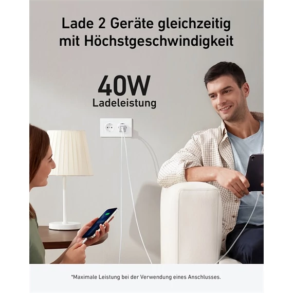 ANKER Hálózati Töltő 2xUSB-C 40W, fehér - A2038G21