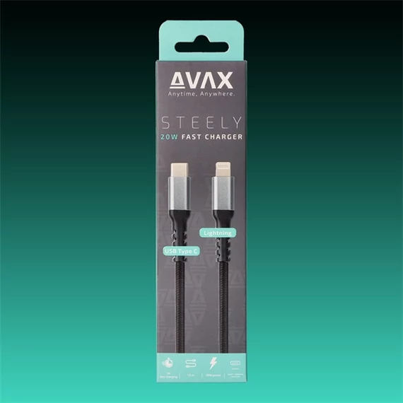 AVAX Töltőkábel, USB-C - Lightning, 3A, 1,5 méter, acélszürke