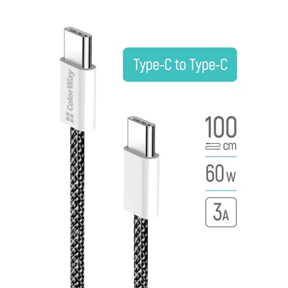 COLORWAY Kábel Type-C CW-CBPDCC061-BK, fonott pamut, PD Fast Charging 60W, 3,0A 1M fekete
