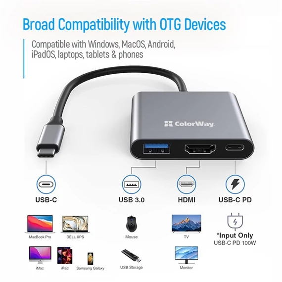 COLORWAY USB hub (dokkolóállomás) ColorWay USB-C 3 az 1-ben Type C PD 100W/USB3.0/HDMI 4K (CW-HUB08)