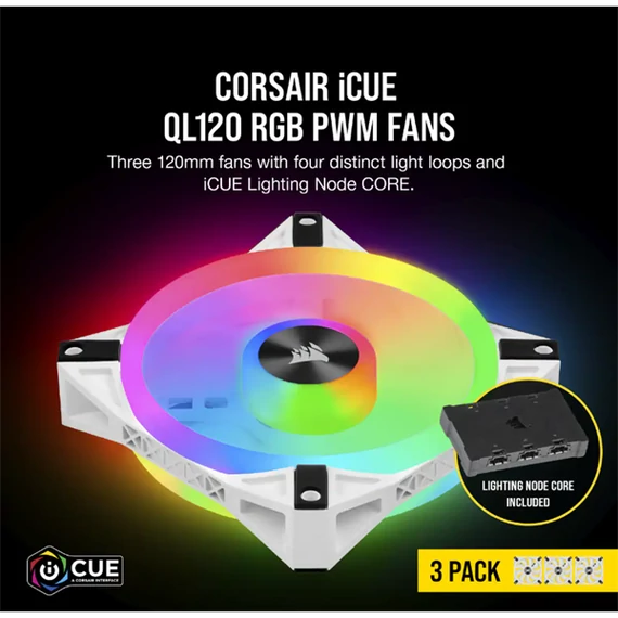 CORSAIR Rendszerhűtő Ventilátor, iCUE QL120 RGB + Lighting Node CORE Kontroller, 12cm, fehér, 3db/csomag