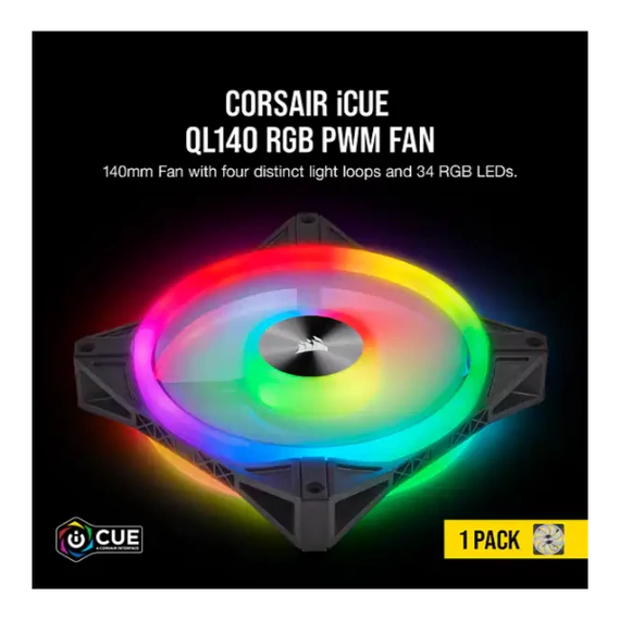CORSAIR Rendszerhűtő Ventilátor, iCUE QL140 RGB, 14cm, fekete