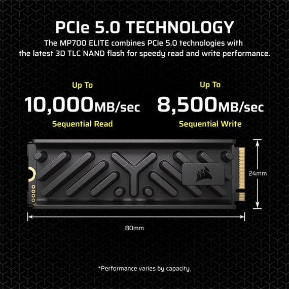 CORSAIR SSD MP700 ELITE M.2 2280 PCIe 5.0 x4 1000GB Hűtőbordával, NVMe