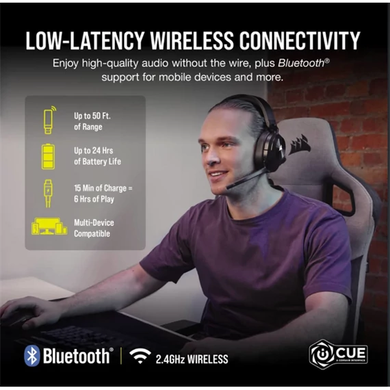 CORSAIR Vezeték Nélküli Headset, HS55 WIRELESS Gaming, 7.1 Hangzás, fekete