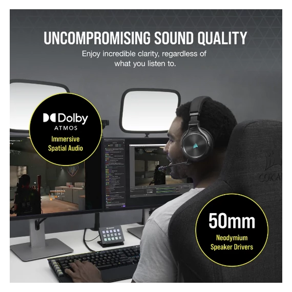 CORSAIR Vezetékes/Vezeték Nélküli Headset, VIRTUOSO RGB WIRELESS XT, Dolby Atmos, fekete