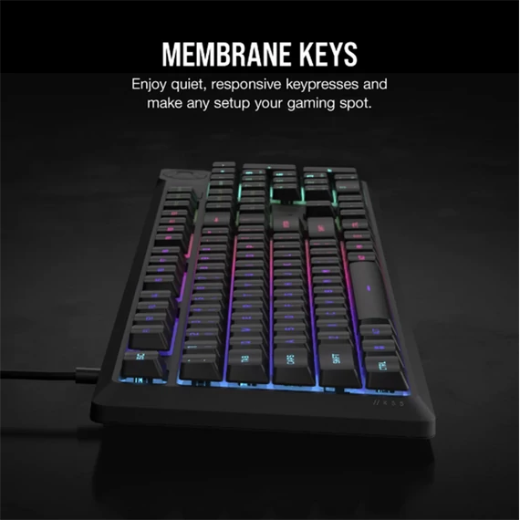 CORSAIR Vezetékes Billentyűzet Gaming, K55 CORE RGB, Médiavezérlő gombok, Cseppálló, US, fekete