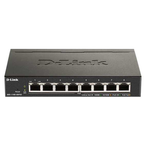 D-LINK Switch 8x1000Mbps Fémházas Asztali Menedzselhető, DGS-1100-08V2/E