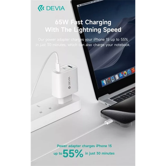 DEVIA Extreme Speed Series 65W GaN PD gyorstöltő adapter USB+2xType-C - fehér
