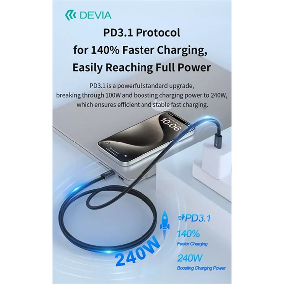 DEVIA ST108721 Extreme Speed PD 240W, USB-C - USB C (Type-C) adat-és töltőkábel, fekete, 2m