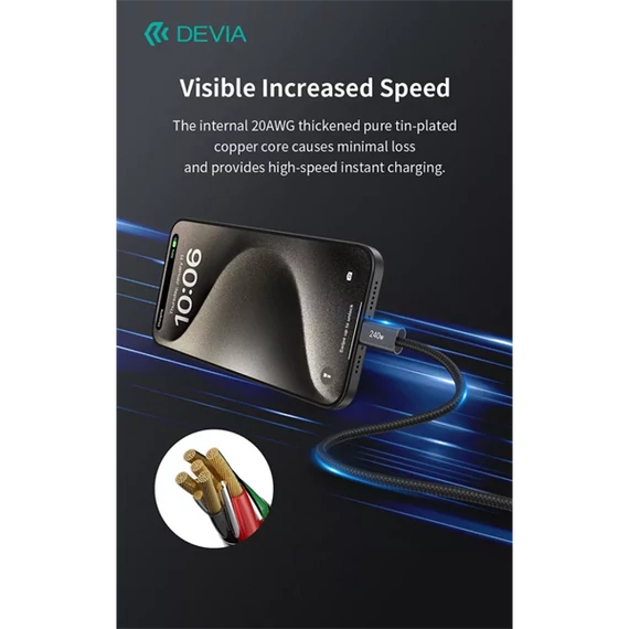 DEVIA ST108721 Extreme Speed PD 240W, USB-C - USB C (Type-C) adat-és töltőkábel, fekete, 2m