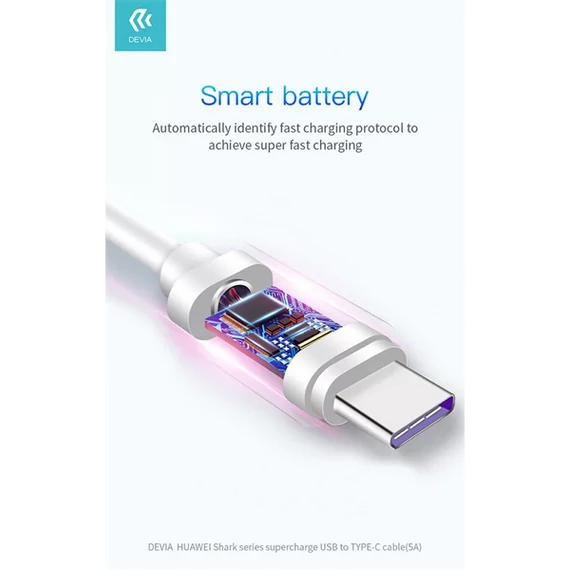Devia Smart Series Shark USB - USB-C (Type-C) töltő- és adatkábel , 5A,  fehér, 1,5m