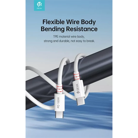 DEVIA USB-C - USB C (Type-C) ADAT ÉS TÖLTŐKÁBEL - SMART SERIES 100W PD, FEHÉR, 1,5m