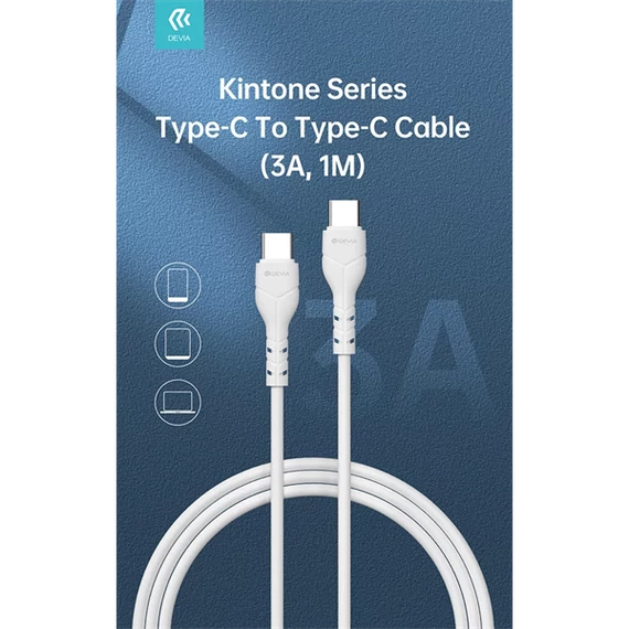 DEVIA USB TYPE-C - USB TYPE-C ADAT- ÉS TÖLTŐKÁBEL 1 M-ES VEZETÉKKEL - KINTONE SERIES TYPE-C TO TYPE-C CABLE - 60W, WHITE