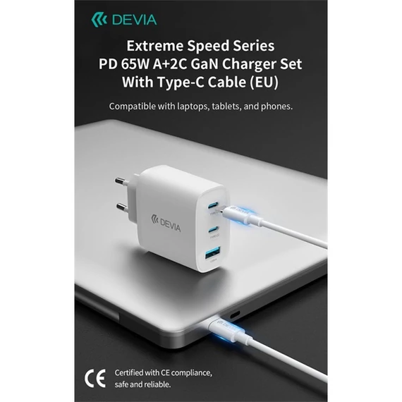 Devia Extreme Speed Series 65W GaN PD hálózati gyorstöltő adapter, USB+2x USB-C, Type-C kábel, fehér