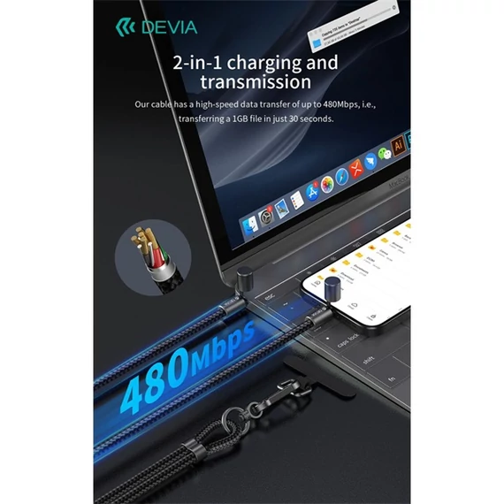 Devia Extreme Speed Series Woven 60W PD Type-C/Type-C adat- és töltőkábel + nyakpánt 1.6m - fekete