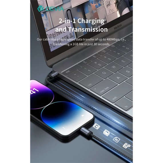 Devia Gracious Series 27W PD Type-C/Lightning adat- és töltőkábel 1m - fekete