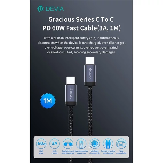 Devia Gracious Series 60W PD USB-C - USB C (Type-C) adat- és töltőkábel, fekete, 1m