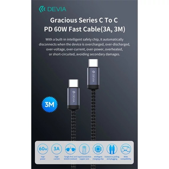 Devia Gracious Series 60W PD Type-C/Type-C adat- és töltőkábel 3m - fekete