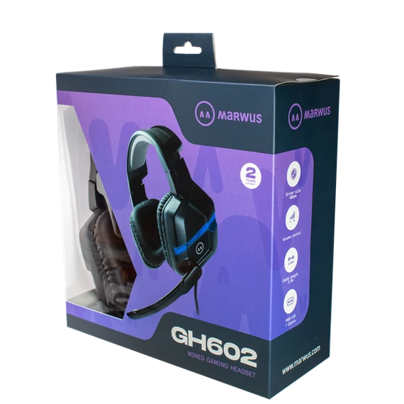 MARWUS GH602 vezetékes gaming headset LED világítással (2 × 3.5mm audio jack + USB táp, ergonomikus)