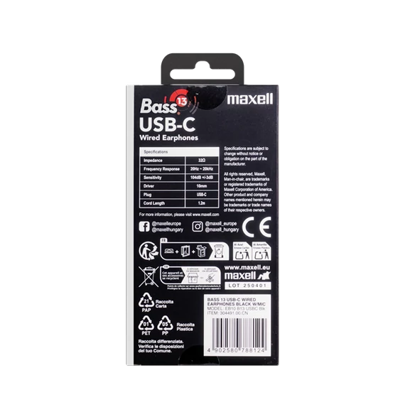 MAXELL Fülhallgató, EB10 BASS13, In-ear, fekete, USB-C