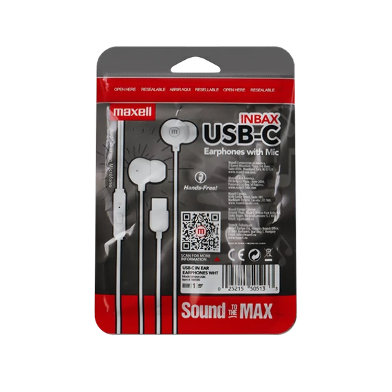 MAXELL Fülhallgató, IN-BAX, fehér, USB-C