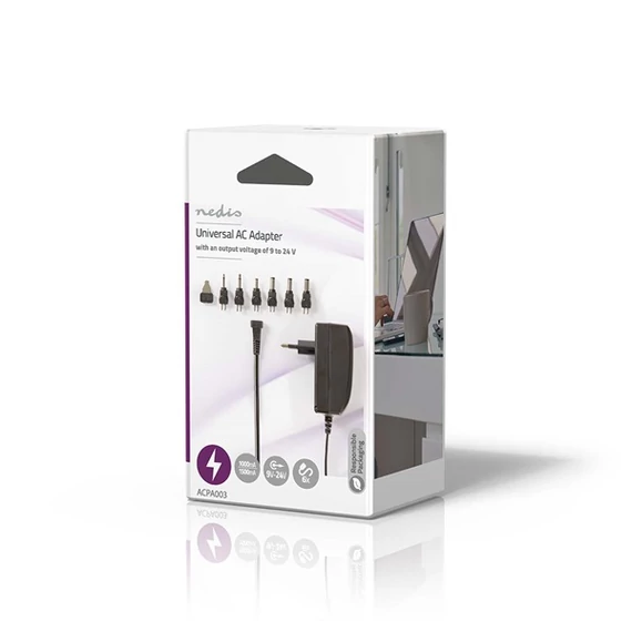 Nedis ACPA003 univerzális AC-DC tápegység, állítható 9V-24V, 24W, 1.0 - 1.5 A, 6 cserélhető táp dugó