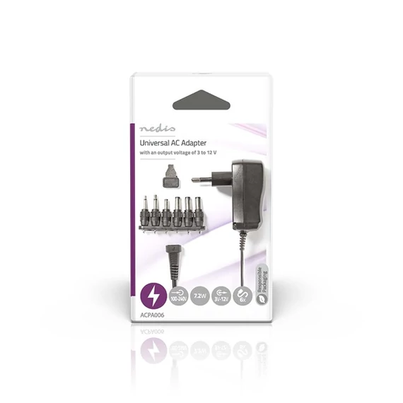 Nedis ACPA006 univerzális AC-DC tápegység, állítható 3V-12V DC 600mA, 6 cserélhető táp dugó, 7,2W