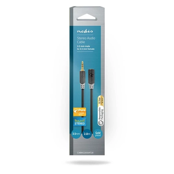 Nedis CABW22050AT20 sztereo audió kábel 3,5mm sztereo jack dugó - 3,5mm sztereo jack aljzat,  2 m