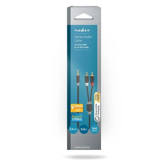 Nedis CABW22200AT05 sztereo audió kábel 3,5mm sztereo jack - 2x RCA,  Aranyozott,  0,5 m