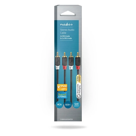 Nedis CABW24200AT05 sztereo audió kábel 2x RCA férfi,  2x RCA férfi, Aranyozott,  0,50 m , kerek,  Antracit