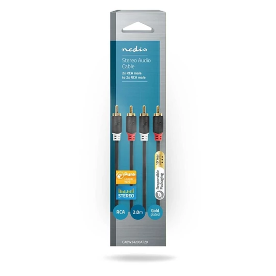 Nedis CABW24200AT20 sztereo audió kábel 2x RCA férfi,  2x RCA férfi, Aranyozott,  2 m , kerek,  Antracit