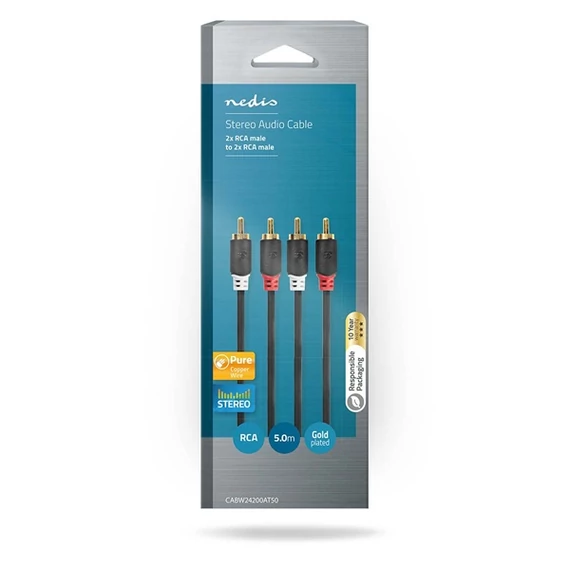 Nedis CABW24200AT50 sztereo audió kábel 2x RCA férfi,  2x RCA férfi, Aranyozott,  5 m , kerek,  Antracit