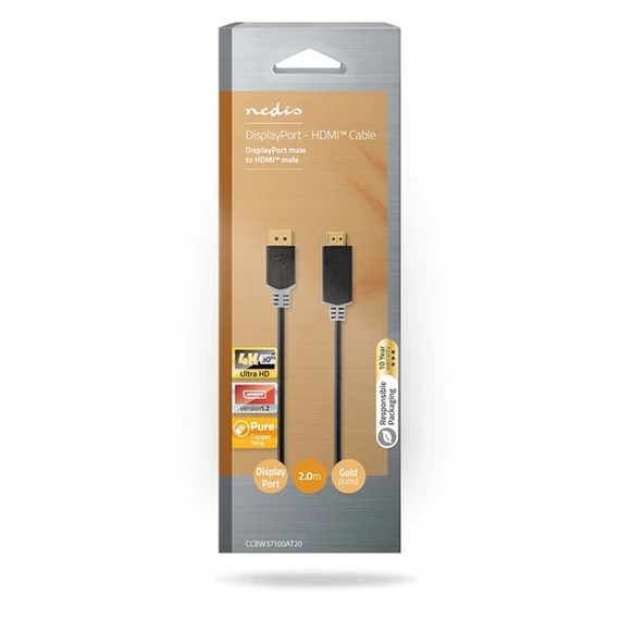 Nedis CCBW37100AT20 displayport dugó -  HDMI dugó kábel, 4K@30Hz, aranyozott, 2 m