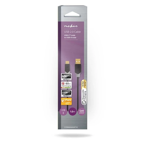 Nedis CCBW60600AT10 USB kábel, USB2.0 Gen 1, USB-A dugó - USB-C dugó, 60 W | 480 Mbps, 1 m