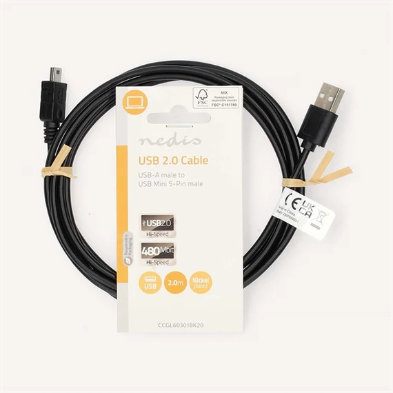 Nedis CCCGL60301BK20 USB mini 5p (mini USB)kábel, USB 2.0  USB-A dugó  USB mini 5p dugó, 480 Mbps. 2m