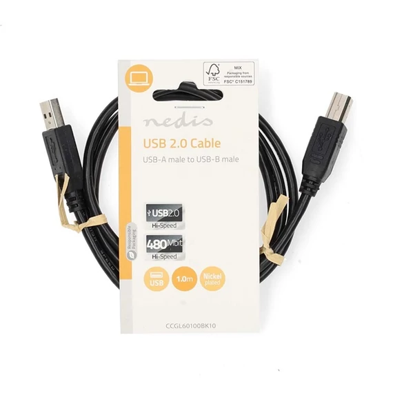 Nedis CCGL60100BK10 USB2.0, USB A - B kábel, 480Mbs, 10W, hossz 1m