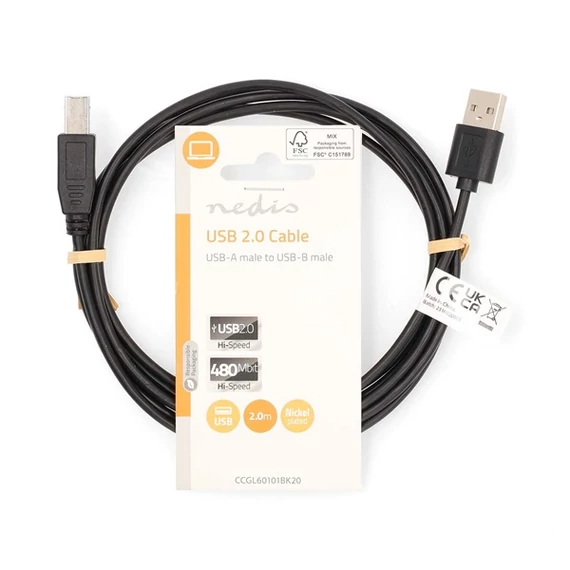Nedis CCGL60101BK20 USB2.0, USB A - B kábel, 480Mbs, hossz 2m