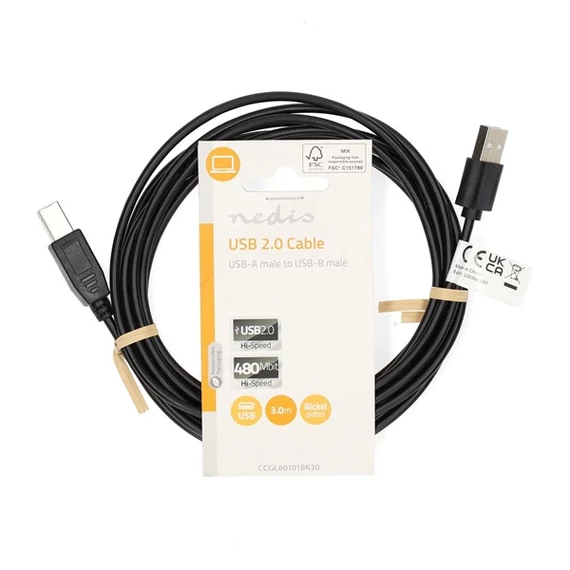 Nedis CCGL60101BK30 USB2.0, USB A - B kábel, 480Mbs, hossz 3m