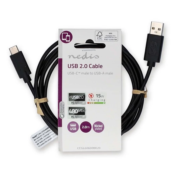 Nedis CCGL60600BK20 USB A - USB C (USB-C) kábel, USB2.0, 15W, hossz 2m