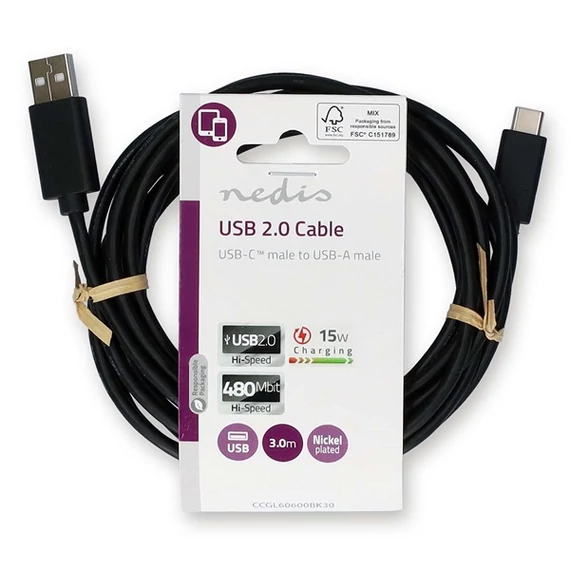 Nedis CCGL60600BK30 USB A - USB C (USB-C) kábel, USB2.0, 15W, hossz 3m
