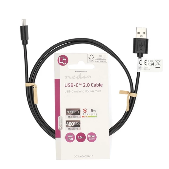 Nedis CCGL60601BK10 USB A - USB C (USB-C) kábel, 5W, hossz 1m