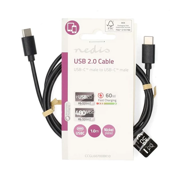 Nedis CCGL60700BK10 USB C - USB C (USB-C) kábel, USB2.0, 60W, hossz 1m