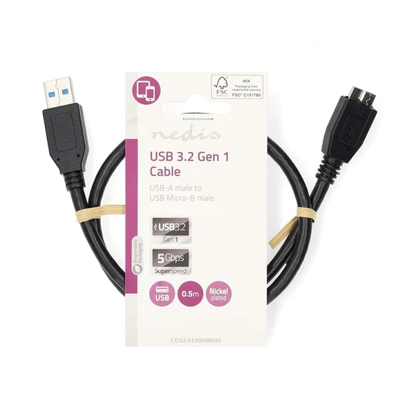 Nedis CCGL61500BK05 USB3.2 - micro-B (micro B) kábel, 5 Gbps, 0,5m, (USB3.1, USB3.0, USB2.0)