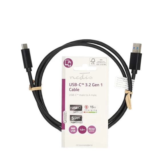 Nedis CCGL61600BK10 USB kábel, USB 3.2 Gen 1, USB-A dugó - USB-C dugó, 15 W | 5 Gbps, 1 m