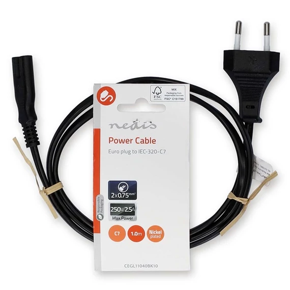 Nedis CEGL11040BK10 tápkábel IEC-320-C7, 2 x 0.75 mm, hossz 1m