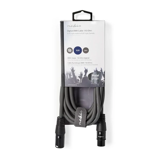 Nedis COTH15012GY30 DMX adapter kábel, XLR 3 tűs dugó, XLR 3 tűs anya,  Nikkelezett, 3 m,  kerek, PVC, Sötétszürke