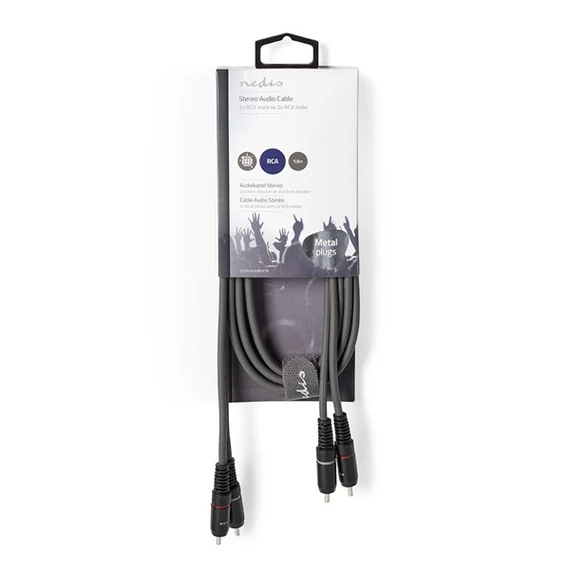 Nedis COTH24200GY15 sztereo audio kábel, 2x RCA dugó,  2x RCA dugó, Nikkelezett,  1,50 m, rugalmas