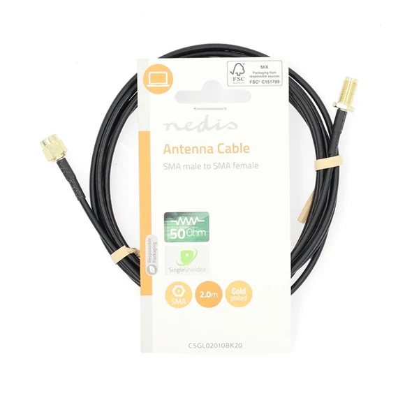 Nedis CSGL02010BK20 SMA kábel, SMA férfi,  SMA nő, Aranyozott, 50 Ohm,  árnyékolt, 2,00 m | kerek,  PVC, Fekete